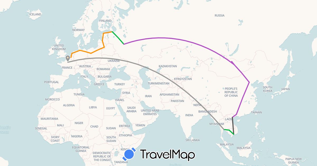 TravelMap itinerary: driving, bus, plane, train, hitchhiking, motorbike in Belgium, China, Germany, Estonia, France, Cambodia, Lithuania, Latvia, Mongolia, Netherlands, Poland, Russia, Thailand, Vietnam (Asia, Europe)